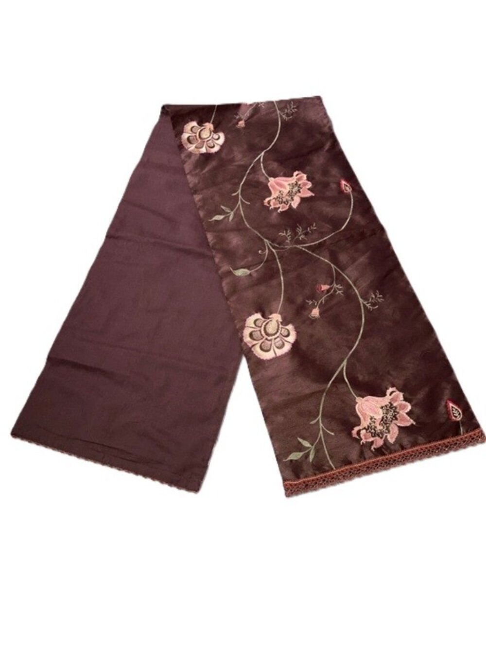 Satin Embroidered Table Runner Rich Dark Brown Flower and Leaves 72 x 14 inches